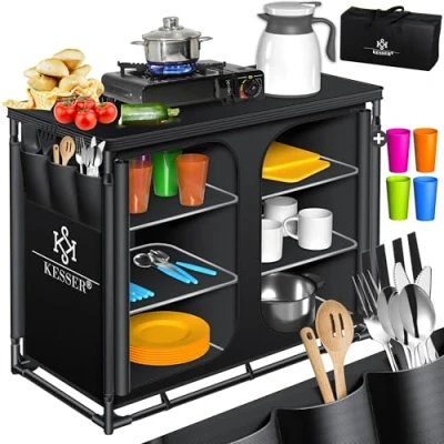 Imagen de KESSER® cocina de camping, incluye bolsa transporte y juego vasos, armario plegable, con estructura aluminio, viaje, caja cocina, para tienda