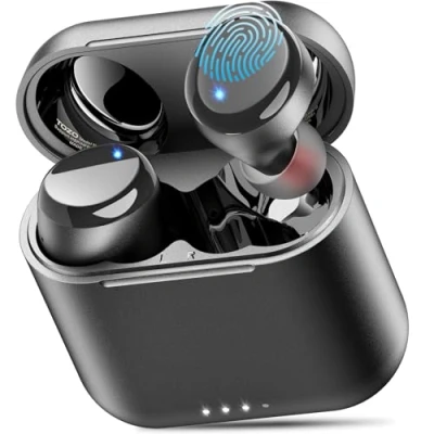 Imagen de TOZO T6 Auriculares Inalámbricos, Bluetooth 5.3 Control Táctil IPX8 Impermeable con Mics, 45H de Reproducción, Carga inalambrica, Cascos Inalámbricos Graves Profundos, Negro