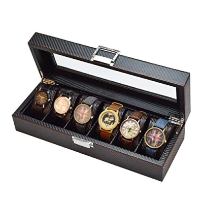 Imagen de Guolich Caja de Almacenamiento Relojes Estuche para Exhibición Cuero Fibra Carbono Joyería Pulsera Colección Organizador con Tapa Vidrio (6 Ranuras)