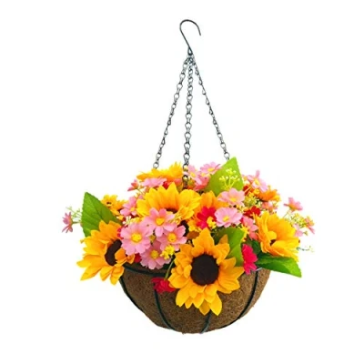 Imagen de Cesta colgante de cadena para decoración del hogar, vacaciones y bodas, margaritas artificiales amarillas rosas, girasoles amarillos seda (cesta mediana)