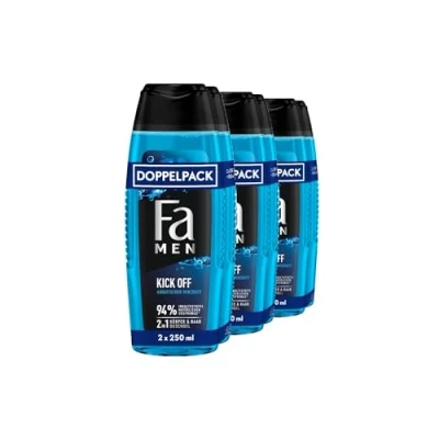 Imagen de FA Men 2 en 1 Gel de ducha Kick Off, unidades (3 x 250 ml) fórmula para cabello y cuerpo, activa tus sentidos con el intenso aroma masculino eucalipto menta acuática