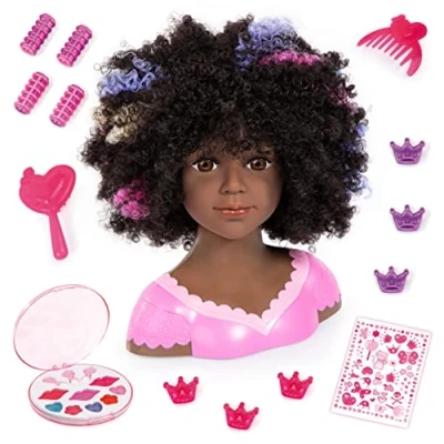 Imagen de Bayer Design 90088AZ Charlene Super Model, Busto Muñeca Peinar y Maquillar, con rizos Marrones Vetas de Colores, maquillage, Accesorios, 27cm