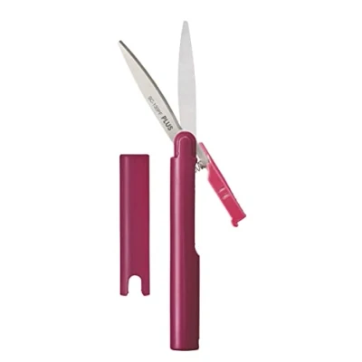 Imagen de tijeras de viaje con corte revestido, bolsillo antiadherentes, cierre seguridad tapa, forma bolígrafo, color rojo vino