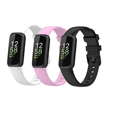 Imagen de Waekethy Correas para Fitbit Inspire 3, Silicona relojes Repuesto Pulsera Compatible con 3 (L, Blanco+Morado+Negro)