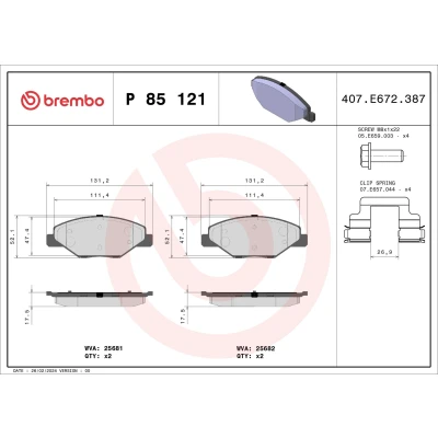 Imagen de BREMBO P 85 121X Juego de pastillas freno excl. contacto avisador desgaste con tornillos pinza accesorios SKODA: Fabia 2