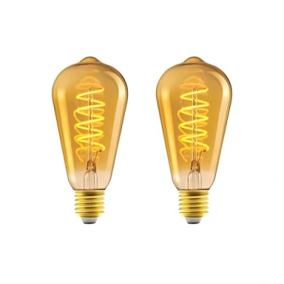 Imagen de Amazon Basics Bombilla LED E27 vintage, cristal ámbar retro, ST64, 4 W (equivalente a 25 W), paquete de 2, luz ultracálida 1800 K para decoración
