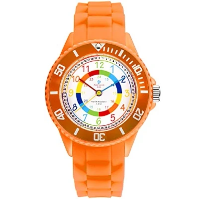 Imagen de Alienwork Kids Reloj de Aprendizaje Infantil Niña Naranja Pulsera Silicona Abigarrado niños Impermeable 5 ATM Tiempo Aprender