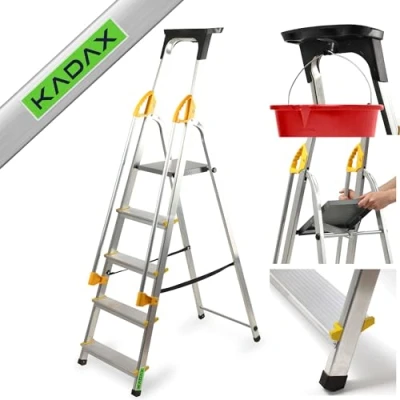 Imagen de KADAX escalera de aluminio con pasamanos, tijera que soporta hasta 150 kg, en 3 versiones, plegable compartimento para cepillos y pies antideslizantes (5 peldaños)