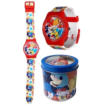 Imagen de Reloj de pulsera analógico Mickey Mouse, Disney, para niños, en caja hojalata, multicolor, Correa