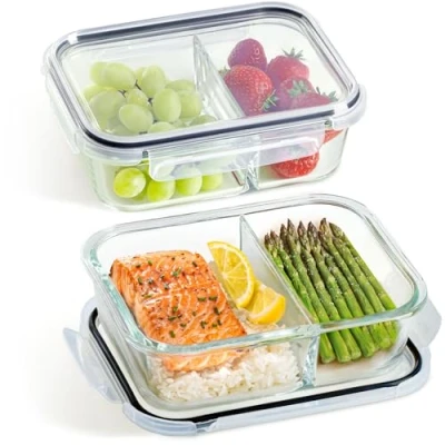 Imagen de Praknu Meal Prep Cristal Con 2 Compartimentos Juego de Recipientes Hermeticos 1 Litro Aptos Para Lavavajillas, Microondas Y Horno