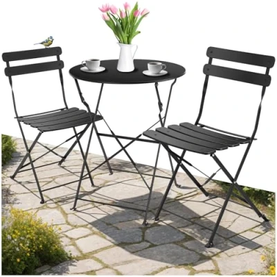 Imagen de TecTake® Conjunto Muebles Jardín Exterior de Mesa Bistró y 2 Sillas, Plegables, Tapas Antideslizantes, Sillas Terraza Estilo Retro con Estructura Acero, Ideal Balcones Pequeños Negro