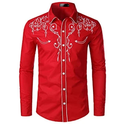 Imagen de NW Camisa de vaquero occidental para hombre con estilo bordado slim fit casual manga larga camisas boda fiesta camisa, rosso, M