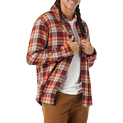 Imagen de Amazon Essentials Camisa de franela, manga larga (Disponible en Tallas Grandes) Hombre, Burdeos Naranja Cuadros Escoceses, M