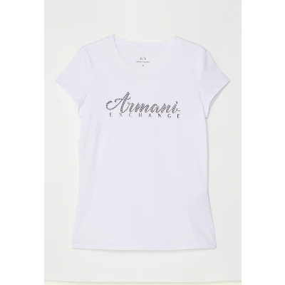 Imagen de Armani Exchange Short Sleeve Classic Script Logo Scoop Neck T Shirt Camiseta, Color Blanco, S Mujeres