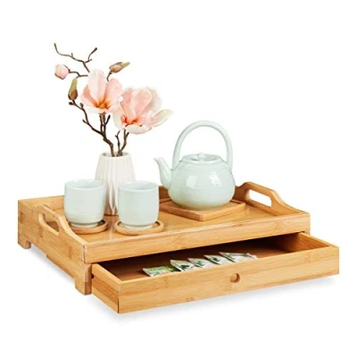 Imagen de relaxdays Bandeja Desayuno de Bambú, para Servir en la Cama, con Cajón y Asas, Rectangular, 10 x 43 31 cm, Marrón