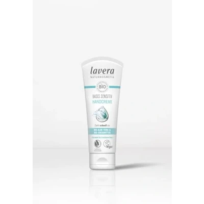 Imagen de lavera Base Sensitiv Crema de manos con aloe vera orgánico y manteca karité orgánica, absorbe rápidamente, hidratación duradera, cuidado intensivo, cosmética natural, vegana, orgánica (1 x 75 ml)