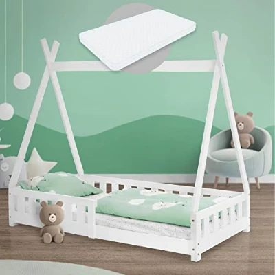 Imagen de ML Design Cama Infantil Tipi Blanca con Colchón De Espuma Fría 80x160 cm Protección Anticaída Somier Estructura Listones Madera Maciza Pino para Niñas Y Niños Forma Tienda Cuna Juvenil