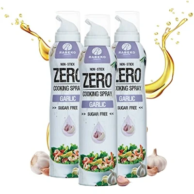 Imagen de Rabeko Zero Spray para cocinar bajo en calorías AJO 800 raciones, 2 kcal por pulverización freír, asar y hornear sin aditivos, azúcar gluten ni lactosa 3 x 200ml
