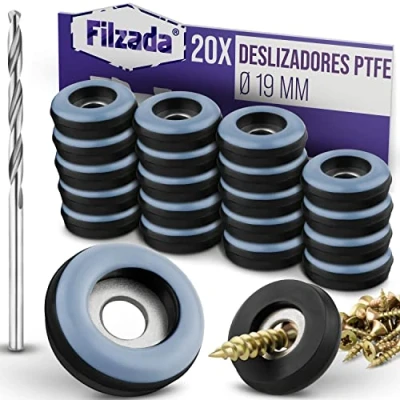 Imagen de Filzada® 20x Almohadillas de Teflón para Muebles, con Tornillo Ø 19 mm (redondo) Deslizadores muebles/deslizadores alfombras PTFE (Teflón) incl. tornillos