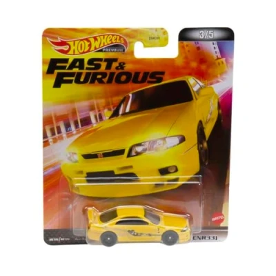 Imagen de Fast and Furious Modelo de coche NISSAN SKYLINE GT R BCNR33 amarilla escala 1/64 longitud 8 cm Hot Wheels HCP26