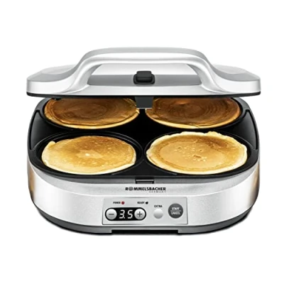 Imagen de Rommelsbacher Pancake Maker PC 1800, 4 bandejas de 13,5 cm diámetro, Revestimiento Antiadherente, Temporizador 15 Minutos, Apagado automático, 1800 W, Color Plateado