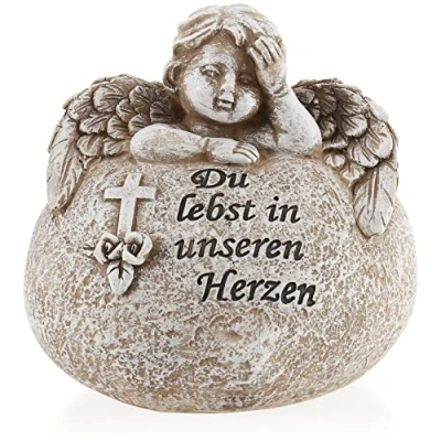 Imagen de com four® Decoración de Tumba en Forma corazón con ángel Piedra Conmemorativa inscripción, Cruz y Rosas luto (1 Pieza Ángel Vives Nuestros Corazones)