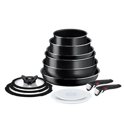 Imagen de Tefal Ingenio Easy On Juego de 2 sartenes + cazos wok guisera 5 accesorios Mangos extraíbles, antiadherentes, revestimiento titanio, Thermo signal, no apto para inducción