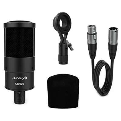 Imagen de Audibax AT2020 Microfono de Condesandor Estudio Incluye Cable XLR, Pinza Montaje y Antivientos Respuesta en Frecuencia 50 Hz/20 KHz Micrófono Profesional con Patrón Polar Cardioide