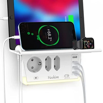 Imagen de Enchufe múltiple, 9 en 1 USB Multiple con 3 Enchufes Schuko 4 Puertos USB, Luz Nocturna y Soporte, Cargador Compatible Phone, Pad para Hogar Oficina