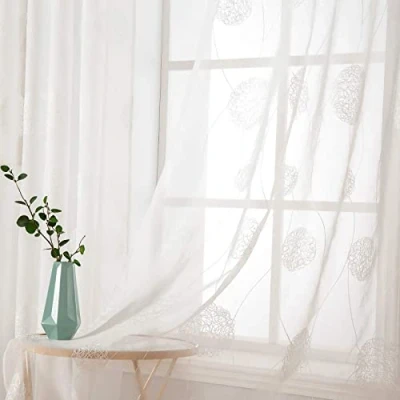 Imagen de MIULEE Cortinas Salon Modernas con Bordado Hortensias, Dormitorio Translucidas 2 Piezas Ojales, Decorativas Visillos para Ventanas Habitacion (2X A 140 x L 175 cm, Flores Blancas)