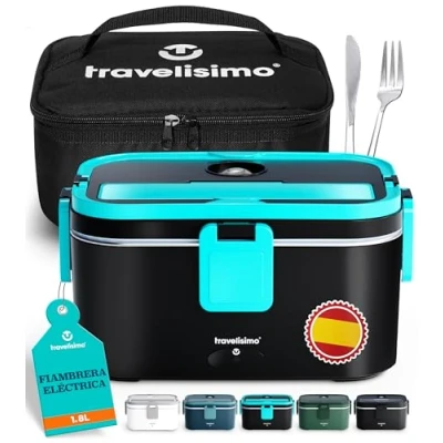 Imagen de TRAVELISIMO Fiambrera Electrica Comida Trabajo 80W Taper Electrico para 1,8L Termica 3 en 1 12V/24V/220V Fiambreras Coche y Camión, Acero Inox, Tartera