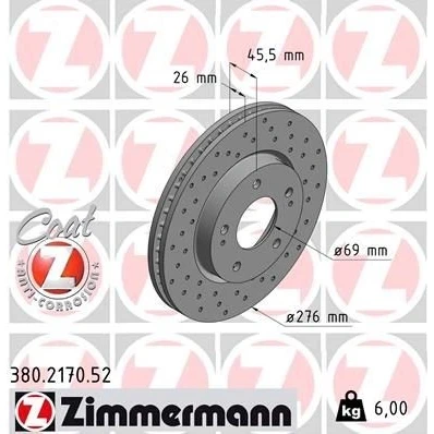 Imagen de ZIMMERMANN SPORT COAT Z 380.2170.52 Disco de freno 276 26 7/5 5 114 ventilación interna, perforado revestido MITSUBISHI: Lancer 8 Limousine,