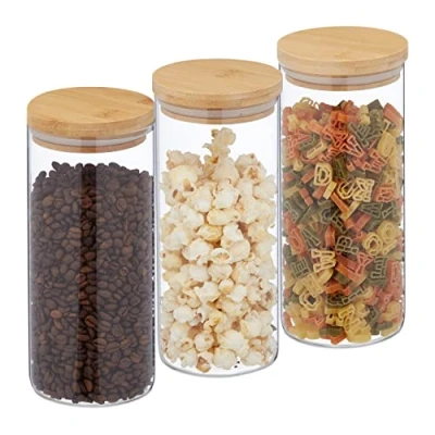 Imagen de Relaxdays 1300 ml Botes Cristal, Set 3, Recipientes Cocina Grandes, Tapa Bambú, Tarros Herméticos, Transparente/Natural