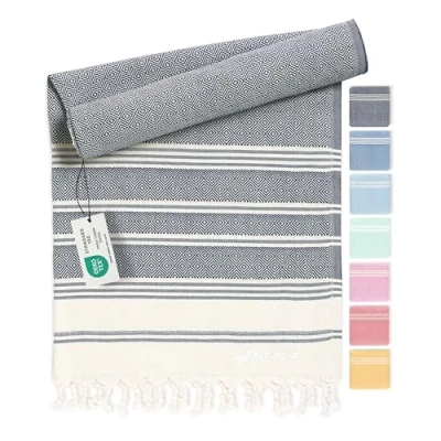 Imagen de Fit Flip Toalla Hammam Toallas de Playa Grandes algodón 100% Reciclado turca Secado rápido, Fouta, Grande pestemal Ideal como Sarong Azul Marino 100x200cm Diamond