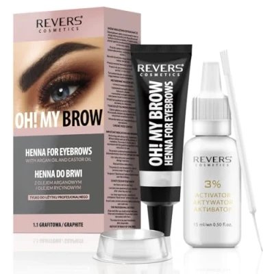 Imagen de REVERS COSMETICS Tinte Cejas Grafito con Aceite de Argán y Ricino (Omega 6, caroteno, vitaminas A, E, F) Resultado natural, Efecto Larga Duración 4 Semanas, Hasta 15 Aplicaciones