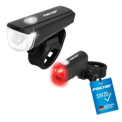 Imagen de Fischer Juego de iluminación LED para Bicicleta, con tecnología LED, Resistente a Salpicaduras, Color Negro, 1 Unidad