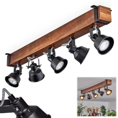 Imagen de Safari, lámpara de techo moderna metal/madera en negro/marrón oscuro, diseño industrial con pantallas ajustables, 5 luces, x GU10 sin bombillas