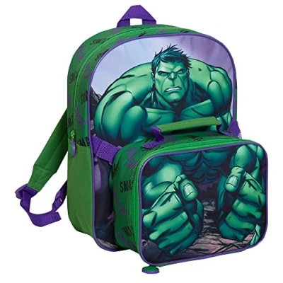 Imagen de Marvel The Hulk Mochila con bolsa de almuerzo para niños, 2 piezas aislamiento térmico a juego, Green, Talla única,