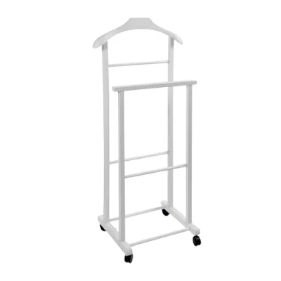 Imagen de Perchero blanco para dormitorio, madera de haya, servo mudo doble con 4 ruedas, fabricado en Italia