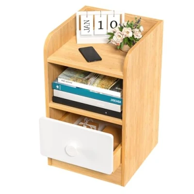 Imagen de OSKOPWRC mesita de noche madera, estrecha, pequeña con cajón y estante abierto, mesa auxiliar cama para dormitorio, color madera