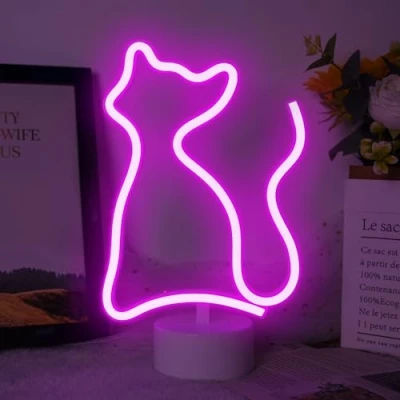 Imagen de luz de neón gato, nocturna para dormitorio, letreros LED alimentados por batería/USB, decoración Navidad, fiesta cumpleaños, lámpara mesa, regalos