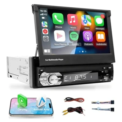 Imagen de EZoneTronics Reproductor Multimedia para Coche con Pantalla retráctil abatible de 7 Pulgadas, MP5 Universal CarPlay, Android Auto, Control del Volante Bluetooth, Radio FM