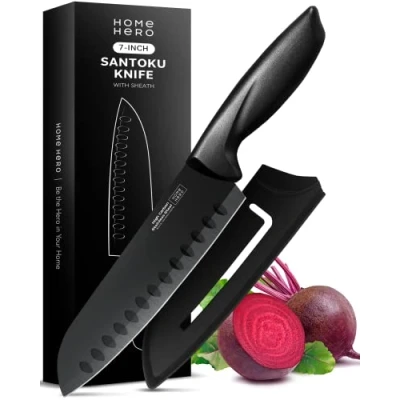 Imagen de Home Hero 2 Pcs Santoku Knife with Sheath High Carbon Stainless Steel Ergonomic Handle Razor Sharp Vegetable Multipurpose Small (2 Black Knife)