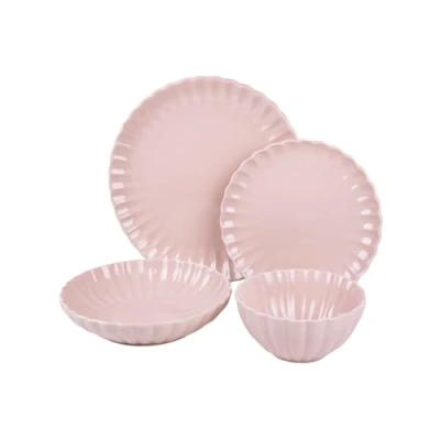 Imagen de Cofan Vajilla de porcelana esmaltada en color rosa nude Juego 16 piezas Diseño relieve Apta para lavavajillas, microondas y horno