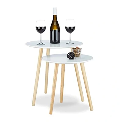 Imagen de Relaxdays Round Side Tables auxiliares Set de 2 nórdicas, Estilo años 70, mesas Noche, diámetro 39 y 47,5 cm, Blanco, Tablero Fibras, 47.5x47.5x47 Unidades