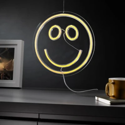 Imagen de #winning Luz de efecto neón con cara sonriente, alimentada por USB, lámpara amarilla emoji para colgar en la pared