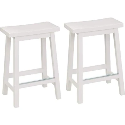 Imagen de Amazon Basics Taburete de madera sólida, cocina, con asiento tipo montura, altura hasta encimera, juego 2, 61 cm altura, color blanco