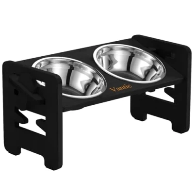 Imagen de Vantic Comedero Perro Elevado, Soporte Ajustable Gato y Perros pequeño, Alto Comederos Bebederos para con 2 de Acero 4 Pies Antideslizantes Incluidos, Negro