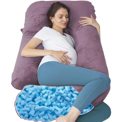Imagen de TaiBest almohada de maternidad espuma viscoelástica triturada para dormir, mujeres embarazadas, soporte abdominal, cuerpo entero en forma U (espuma viscoelástica,