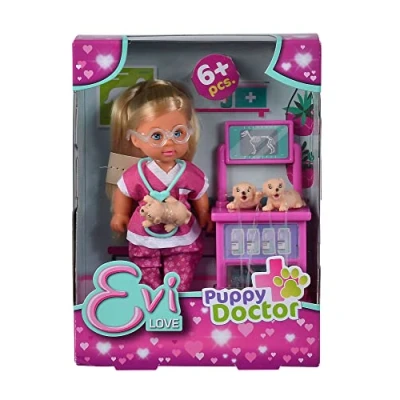 Imagen de Simba 105733647 Evi Love Puppy Doctor, muñeca Veterinaria con Gafas, Tres Cachorros y una Mesa de Tratamiento, Accesorios, 12 cm, a Partir 3 años